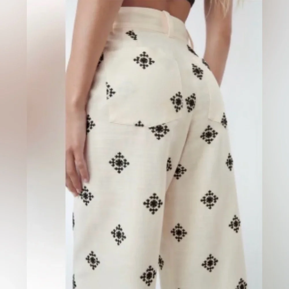 ZARA Linen Blend Embroidered Wide Leg Pants White Black Boho Resort S